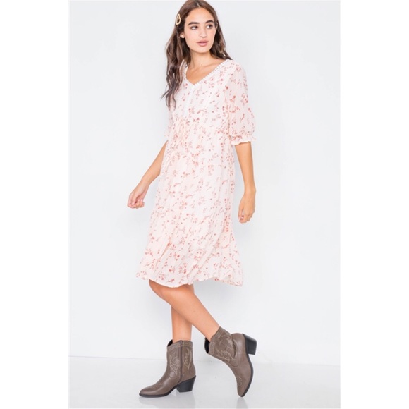 LIGHT PINK FLORAL SHEER MIDI DRESS - Picture 4 of 6